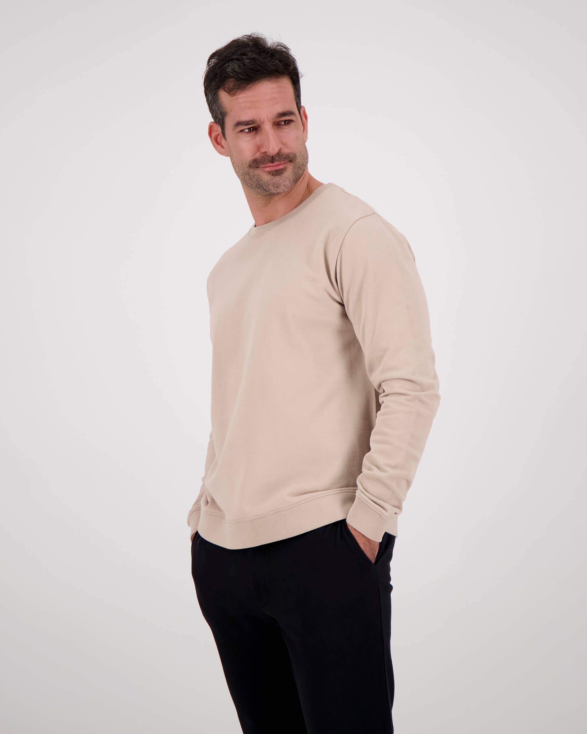 Vorderseite Model posiert mit Sweatshirt Yves für den Mann in der Farbe Beige